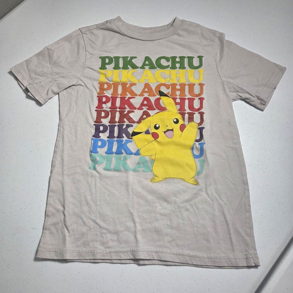 Pokemon Pikachu T-Shirt Boys Medium 8 Beige Tan Repeat Rainbow Graphic Tee Shirt